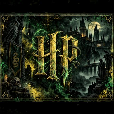 Create a dark, atmospheric grunge banner with a horror-inspired Hogwartsmagical aesthetic, using….png