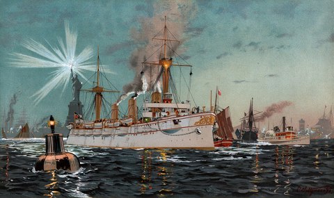 Kaiserin Augusta verlässt Newyork, Chromo Lithographie von C. Saltzmann 95, nr13 aus G. Wislicenus, Unsre Kriegsflotte   restored, borderless