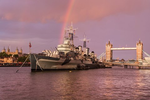 HMS Belfast with rainbow