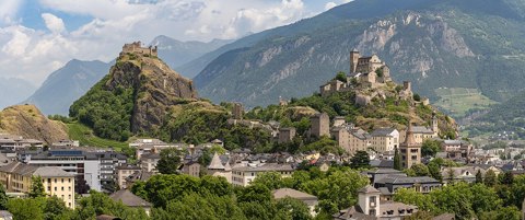 Panorama of Sion, Switzerland from the north west, with Tourbillon Castle and Valère Basilica (2022) edited
